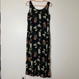 VINTAGE Black Tropical Cocktail Print Sleeveless Maxi Dress Medium